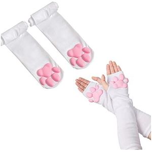 Kat Paw Dij Hoge Sokken Golven, Leuke Zachte 3D Teen Bonen Sokken Wanten Kitten Klauw Pad Sokken voor Meisje Vrouwen Lolita Cosplay Set, Witte sokken en lange handschoenen, One size