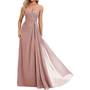 Prinses Bruidsmeisjes Jurken Spaghetti Bandjes Galajurken Chiffon Formele Avondfeest Maxi Jurk met Split ZM210, Stoffige Roos, 32