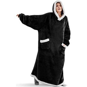 Extra lange hoodie deken sweatshirt, super warm en gezellig grote deken hoodie, draagbare dikke flanellen deken met mouwen en handige zakken voor vrouwen en mannen, Zwart, L/XL
