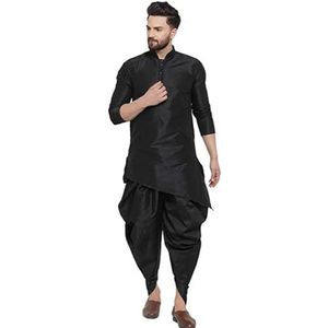Lakkar Haveli Mannen Pakistaanse traditionele zwarte shirt Kurta Trail Cut bruiloft partij dragen grote lange dhoti broek set zijde, Zwart, 8X-Large Big Tall