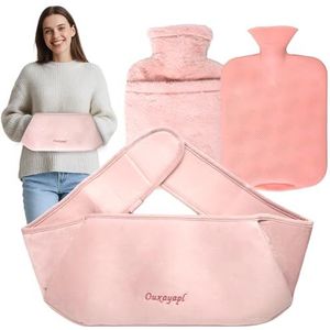 Ouxayapl Warmwaterkruikriem 1,2 l, 3-in-1 warmwaterkruik met overtrek en zachte taillehoes, warmwaterkruik riem van rubber, voor rug, benen, nek, schouder, taillewarming-roze