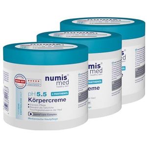 numis med 3 x Panthenol Crème voor de gevoelige huid, 400 ml, lichaamscrème, pH 5.5, Made in Germany, huidcrème zonder siliconen, parabenen en microplasticvrij, verzorgende crème, pantenolcrème tegen