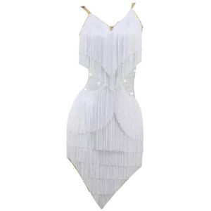 FZHQNZJF Professioneel Latijnse Dans Concurrentie Jurken Franje Flapper Tango Cha Cha Danskleding Bretels Salsa Kleren Verfijnd Balzaal Prestatie Kostuums,Wit,L