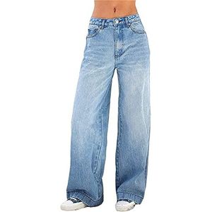 Vrouwen Baggy Jeans Hoge Taille Wijde Pijpen Rechte Denim Broek Print Losse E Meisjes Streetwear Broek Y2k Mode Jean (Color : Blue, Size : L)
