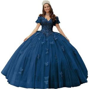 Fuomomo Quinceanera MT052 Jurk met vlinderapplicaties van kant, 3D, glanzend, baljurk, schoudervrij, voor snoep, 15 en 16, verjaardagsjurk van tule, blauw (staal), 44