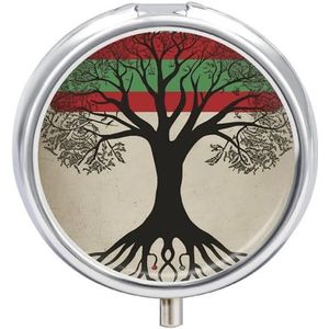 Tree of Life Palestijnse vlag pillendoosje draagbare pillenorganizer met 3 compartimenten en kleine spiegel reispillendoosje voor zak of portemonnee, ronde medicijnorganisator, decoratieve