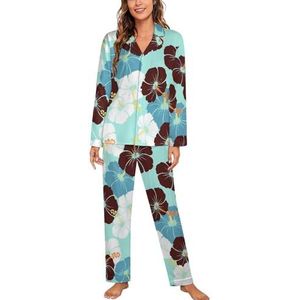 Hawaiiaanse Hibiscus Bloemen Lange Mouw Pyjama Sets Voor Vrouwen Klassieke Nachtkleding Nachtkleding Zachte Pjs Lounge Sets