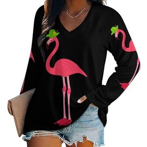 Schattige flamingo dames V-hals shirt lange mouwen tops casual loose fit blouses