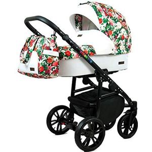 Kinderwagen 3 in 1 complete set met autostoeltje Isofix babybad babydrager Buggy Colorlux Black van ChillyKids Small Roses 3in1 (inclusief autostoeltje)