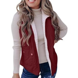 Wintervest Gewatteerd Dames Donsvest, Casual Vest Met Opstaande Kraag, Mouwloos Winterwarm Jack Mouwloos Vest(Rot,XXL)