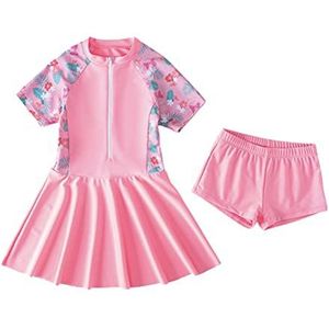 FedMois Kinderen Meisjes Zwempak 2-delig Badmode Set, Badpak met rok + Zwemshorts, Roze, 3-4 jaar