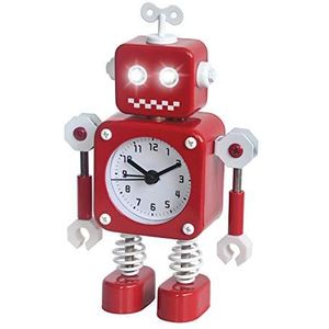 Diskary Robot Wekker, Roestvrij Metaal Niet-tikkende Slaapkamer Klok met Knipperend Oog en Roterende Arm, Cadeau voor Kinderen (Rood)