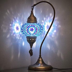 Turks / Marokkaanse Tiffany stijl, handgemaakte, kleurrijke mozaïek, nacht zwanenhals lamp licht, lampenkap voor tafel, bureau of nachtkastje, 48 cm (blauw)