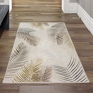 Teppich-Traum Designer tapijt, hal, woon- en slaapkamer, palmtakken, crème, grijs, goud, afmetingen 80 x 150 cm
