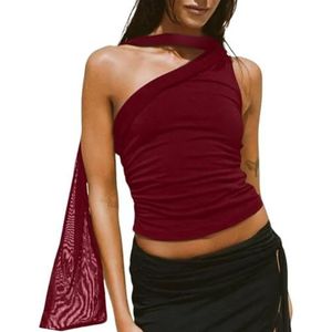 UERSJWYSO Leopard Print Crop Top voor Vrouwen Sexy Een Schouder Halter Zomer Casual Mouwloze Mesh Tanktops met Sjaal,Rood,L