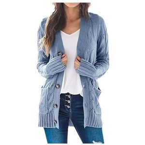 Kabelgebreide Damescardigan, Open Voorkant, V-hals, Lange Mouwen, Losse Trui Met Zakken(Light Blue,5X-Large)