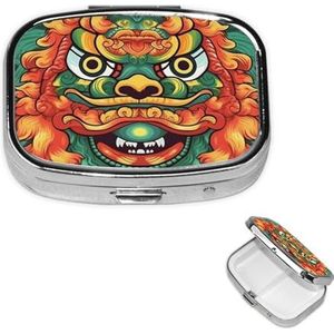 Chinese Leeuw Nieuwjaar Pillendoosje Draagbare Vierkante Pillendoos 2 Compartiment Pil Organizer Leuke Reizen Pil Container Vitamine Organizer voor Portemonnee Pocket Reiscadeau