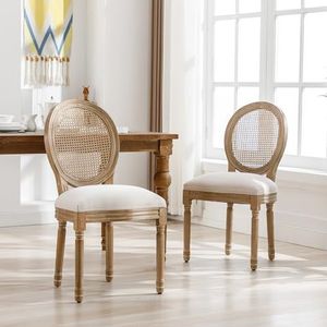 Aunvla Louis Eetkamerstoelen, 2-delige set, keukenstoelen met rotan rugleuning, gestoffeerde stoel met ronde rugleuning, medaillon stoel, poten van massief hout, gevoerde zitting van linnen, crème