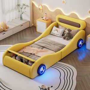 Idemon Eenpersoonsbed, kinderbed, jeugdbed, gestoffeerd bed in de vorm van een auto met lichtgevende wielen en opbergruimte, PU, geel
