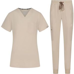 B-well NAOMI Scrubset voor dames, jas en broek, set, geneeskunde, arts, uniform, beroepskleding, dikke stof, zand, L