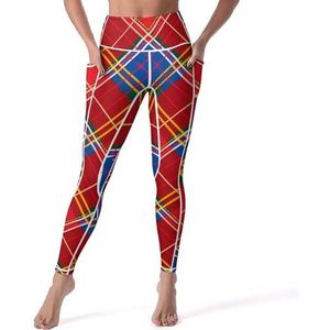 Rood Blauw Schotse Tartan Geruit Patroon Vrouwen Yoga Broek Met Zakken Hoge Taille Legging Panty Voor Workout Gym