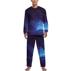 Blauwe sterrenhemel zachte heren pyjama set comfortabele lange mouwen loungewear top en broek geschenken S
