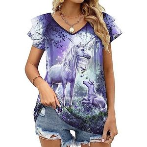 Magical Unicorn Casual tuniek voor dames, tops met ruches en korte mouwen, V-hals, blouse-T-shirt
