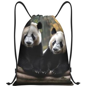 LKTPSKQRY Trekkoord Rugzak Sport Gym Sackpack Twee Grote Panda's Cinch Bag Waterdichte String Bag Lichtgewicht Zwemtas, Zwart, Small, Reizen Rugzakken