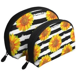 Make-uptas, reizen cosmetische tas 2 stuks draagbare clutch zakje set zakje organisator zonnebloemen op zwart-witte strepen achtergrond, zoals afgebeeld, Eén maat
