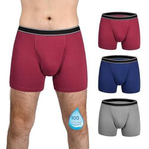 TIICHOO Wasbare incontinentiebroek voor heren met gulp, katoenen boxershorts, lekvrij herenondergoed, matig absorptievermogen, verpakking van 3 stuks (3X-Large, bordeaux/marineblauw/grijs)