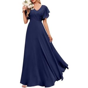 Chiffon bruidsmeisjesjurken voor dames, met split, baljurken, cocktailjurken, grote maten, Donkerblauw, 32