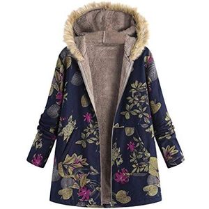 WOZOW Vest met capuchon voor dames, bontkraag, ritssluiting, lange jas, knopen, fleece, warm, herfst, winter, Marinier, L