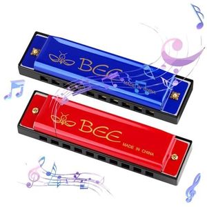Mondharmonica, 2 stuks, 10 gaten, 20 tonen, blauwe mondharmonica, toonsoort C, diatonische mondharmonica, perfect muziekcadeau voor kinderen, volwassenen, beginners en artiesten (rood blauw)