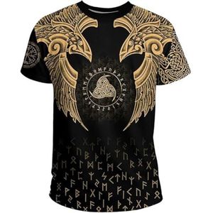 Middeleeuws Noords Odin's Raven T-shirt - Viking 3D Bedrukte Keltische Knoop Heren Los Sport Harajuku Korte Mouw - Zomer Vegvisir Tattoo Pagan Sneldrogende Top (Color : Yellow, Size : 3XL)