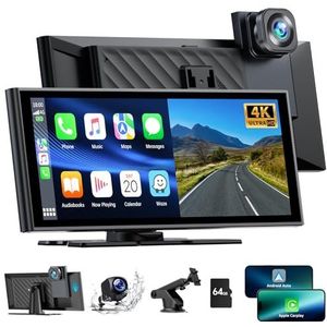 Lamto Autoradio voor Apple Carplay Android Auto met dashcam voor achter 4K + 1080P, 9,26 inch draagbare draadloze Carplay-scherm, autoradio-ontvanger met Bluetooth 5.0 / FM / Siri / Go0gle / Mirror