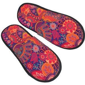 BONDIJ Etnische tribal klassiekers bloemenprint pantoffels zachte pluche huispantoffels warme instappers gezellige indoor outdoor slippers voor vrouwen, Zwart, one size