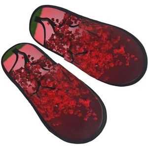 BONDIJ Slippers met rode kersenbloesemprint, zachte pluche huispantoffels, warme instappers, gezellige pantoffels voor binnen en buiten, Zwart, one size