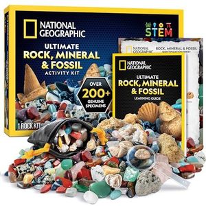 National Geographic Edelstenen en fossielen, 200-delige set met geoden en echte fossielen, rozenkwarts, jaspis, aventurijn, vele andere kristallen en edelstenen, voor kinderen