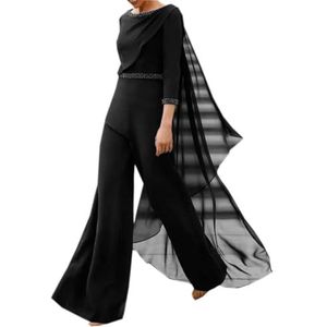 CY Attire Moderne jumpsuit moeder van de bruid pakken kraal hals lange mouw outfit dames speciale gelegenheid dragen, zwart, 18, Zwart, 44