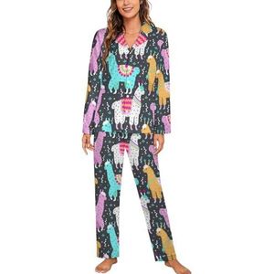 Llama Alpaca Vrouwen Lange Mouw Button Down Nachtkleding Zachte Nachtkleding Lounge Pyjama Set XL
