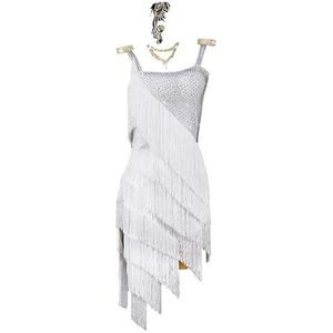 Yhwacyznm Rugloze Latijns Amerikaanse wedstrijdjurken Tango dansrok voor dames Cha Cha Performance outfit Rumba danskostuum Elastisch ademend Salsa danskleding met kwastjes,Wit,L