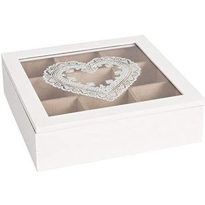 HAES DECO - Theedoos met 9 vakken - Kleur Wit - Formaat 24x24x7 cm - Materiaal Hout/Glas - Theekist, Theezakjeshouder