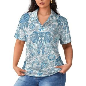 Blue Indian Elephant Dames Sport Shirt Korte Mouw Tee Golf Shirts Tops Met Knoppen Workout Blouses
