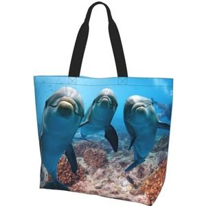 DOFFO Basset Hound bedrukte canvas draagtas herbruikbare boodschappentassen herbruikbare boodschappentassen strandtas schoudertas, Grappige dolfijn die naar je kijkt, Eén maat