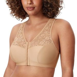 DELIMIRA Dames volledig dekkende beha Met Voorsluiting Racerback Plus Maat Volledige Dekking Draadloze Bh comfortabele Lace Bh's Warm Beige 105G