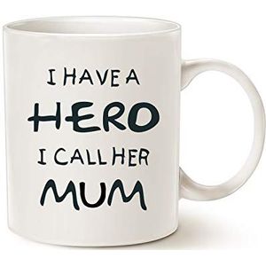Deze grappige mama koffiemok, I Have a Hero I Call Her Mum grappige beste moederdag en verjaardagscadeaus voor mama, moeder porseleinen beker, wit 325 ml