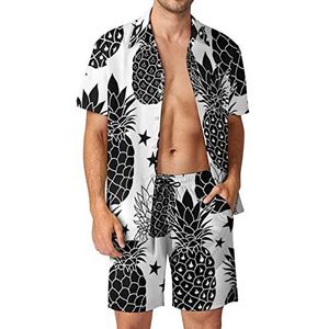 Balck And White Ananas Hawaiiaanse bijpassende set voor heren, 2-delige outfits, button-down shirts en shorts voor strandvakantie