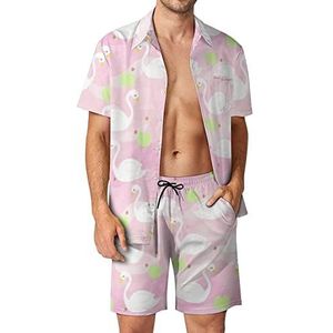 Witte zwaan in roze Sweet River Hawaiiaanse bijpassende set voor heren, 2-delige outfits, overhemden en shorts met knopen voor strandvakantie