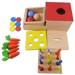 Kikuo Montessori speelgoed vanaf 1 jaar, multifunctioneel 4-in-1 houten sensorisch speelgoed voor kinderen voor 1-4 jaar, Een bal gooien, Worteloogst, munten vallen, kleuren overeenkomend speelgoed