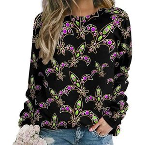 Fleur-de-lis met edelstenen en goud nieuwigheid sweatshirt voor vrouwen ronde hals top lange mouw trui casual grappig